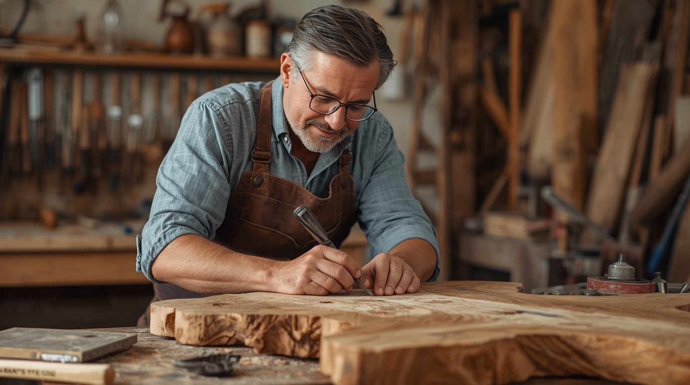 Master craftsman at Hireishopiu working on furniture